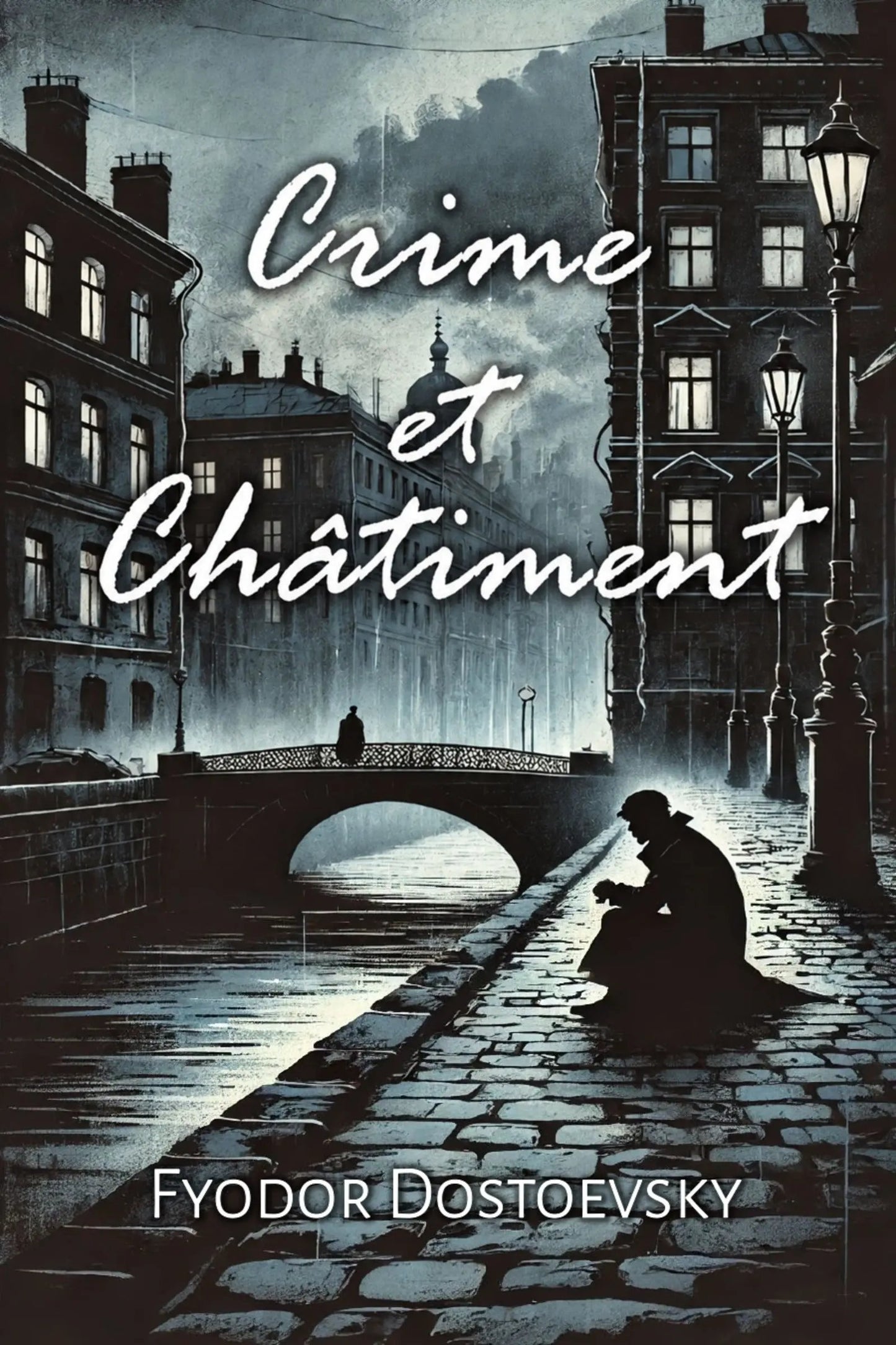 Book cover for 'Crime et Châtiment' by Fyodor Dostoevsky, featuring a moody blue-toned illustration of a cobblestone canal street at night with buildings, a bridge, and a seated figure in silhouette.