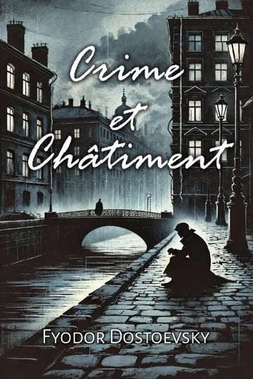 Book cover for 'Crime et Châtiment' by Fyodor Dostoevsky, featuring a moody blue-toned illustration of a cobblestone canal street at night with buildings, a bridge, and a seated figure in silhouette.