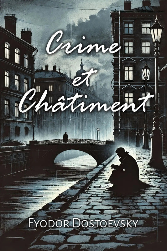 Book cover for 'Crime et Châtiment' by Fyodor Dostoevsky, featuring a moody blue-toned illustration of a cobblestone canal street at night with buildings, a bridge, and a seated figure in silhouette.