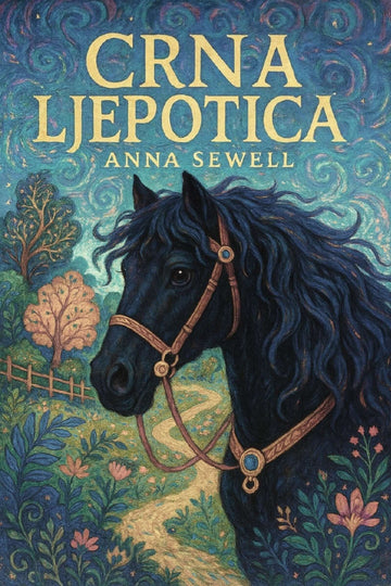 Book cover of 'Crna ljepotica' with a horse illustration and decorative background