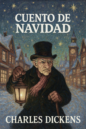 Book cover of 'Cuento de Navidad' by Charles Dickens with a man holding a lantern in a snowy village scene.