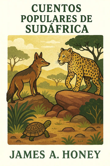 Book cover of 'Cuentos populares de Sudáfrica' with illustrations of a fox, leopard, and turtle in an African landscape.