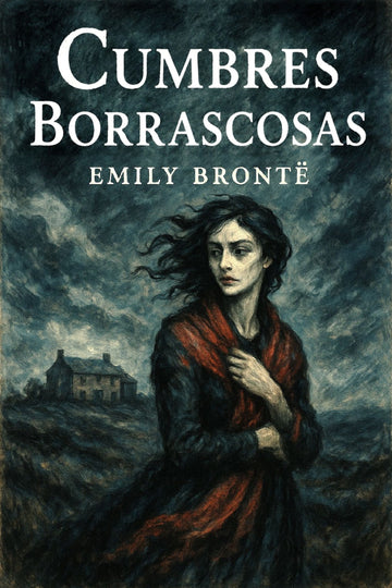 Book cover of 'Cumbres Borrascosas' by Emily Bronté with a woman in a red coat against a stormy sky.