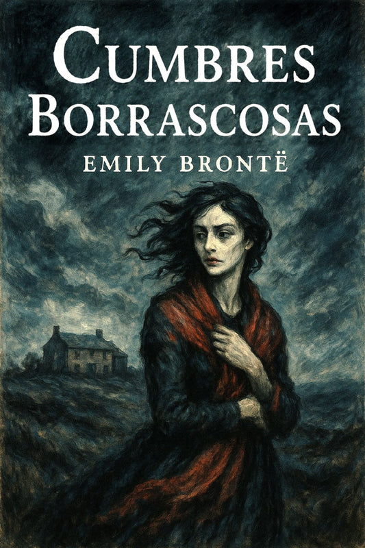 Book cover of 'Cumbres Borrascosas' by Emily Bronté with a woman in a red coat against a stormy sky.