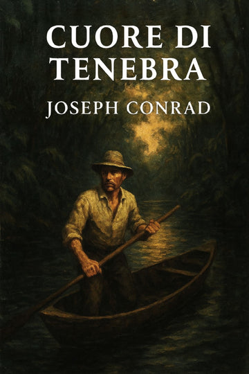 Book cover of 'Cuore di tenebra' by Joseph Conrad with a man in a boat on a dark background.