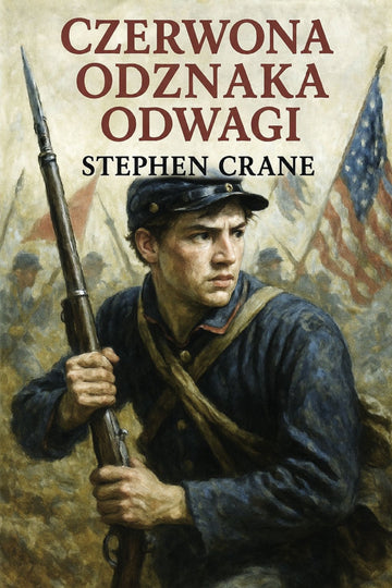 Book cover of 'Czerwona odznaka odwagi' by Stephen Crane featuring a soldier holding a rifle with American flags in the background.