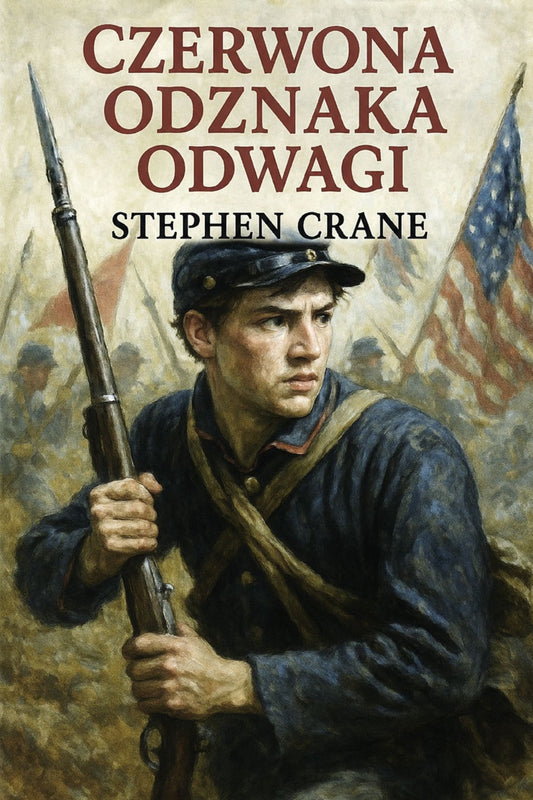 Book cover of 'Czerwona odznaka odwagi' by Stephen Crane featuring a soldier holding a rifle with American flags in the background.