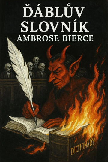 Book cover for 'Ďáblův slovník' by Ambrose Bierce, featuring a dark illustration of a horned demon writing in a flaming dictionary with skulls in the background.