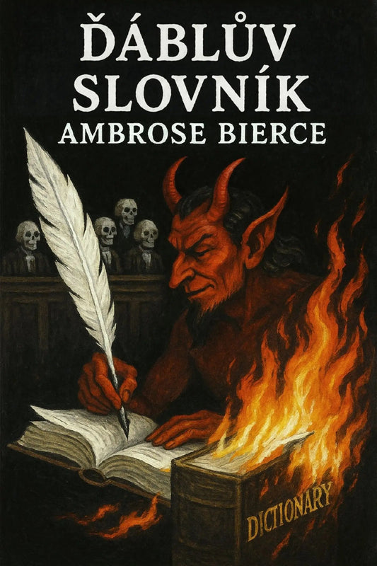 Book cover for 'Ďáblův slovník' by Ambrose Bierce, featuring a dark illustration of a horned demon writing in a flaming dictionary with skulls in the background.
