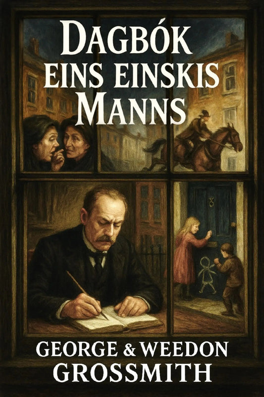 Book cover for 'Dagbók eins einskis manns' by George & Weedon Grossmith, featuring a dark vintage-style illustration of scenes viewed through a window, with large white title text at the top and author names at the bottom.