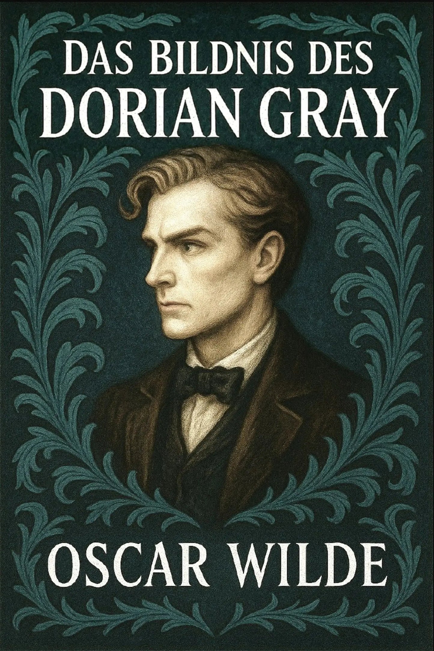 A book cover featuring a portrait of Dorian Gray in profile, with the title 'Das Bildnis des Dorian Gray' at the top and 'Oscar Wilde' at the bottom, surrounded by ornate teal decorative border on a dark background.