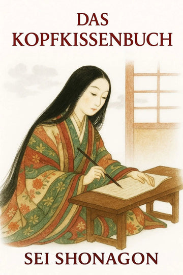 Book cover for 'Das Kopfkissenbuch' by Sei Shonagon, featuring an illustration of a woman in a patterned kimono writing at a desk against a light background.