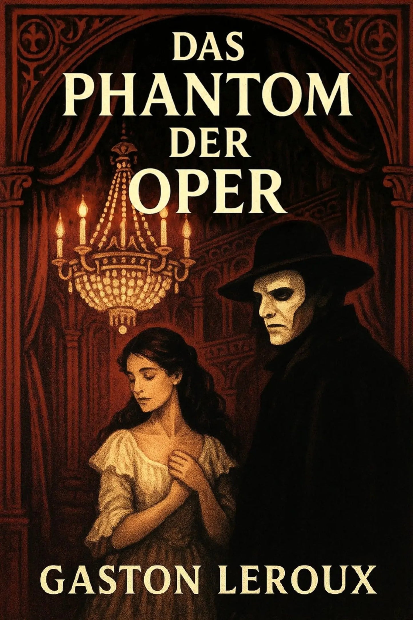 Book cover for 'Das Phantom der Oper' by Gaston Leroux, featuring an illustrated gothic scene with a woman in a light dress and a shadowy man in a black hat and coat, under a chandelier in a dark red interior.
