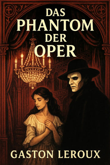Book cover for 'Das Phantom der Oper' by Gaston Leroux, featuring an illustrated gothic scene with a woman in a light dress and a shadowy man in a black hat and coat, under a chandelier in a dark red interior.