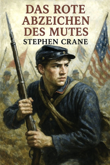 Book cover for 'Das rote Abzeichen des Mutes' by Stephen Crane, featuring a painted soldier in a dark blue uniform holding a rifle, with flags and a warm beige background.
