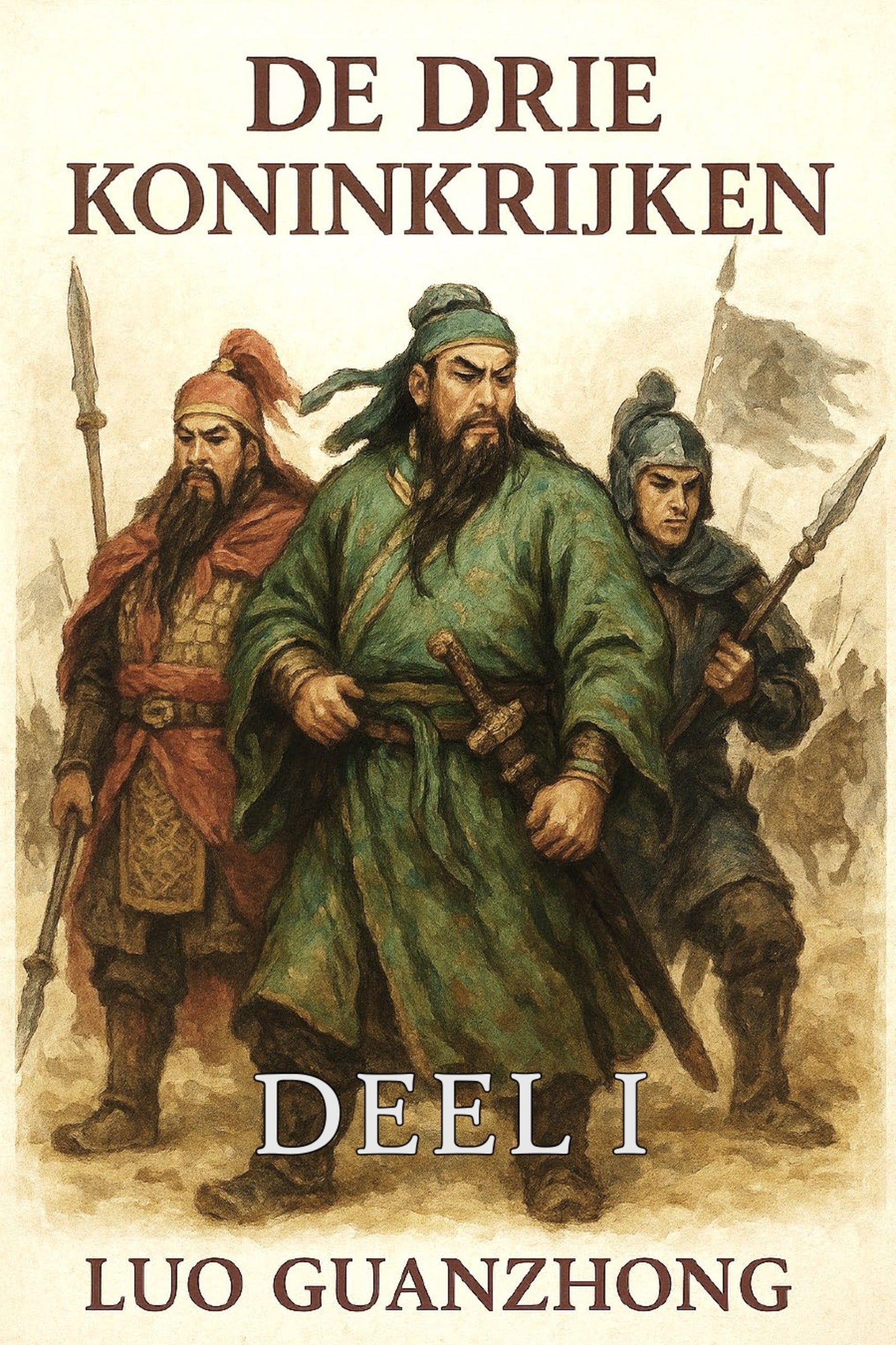 Book cover of 'De Drie Koninkrijken' with illustrations of three characters in historical attire.