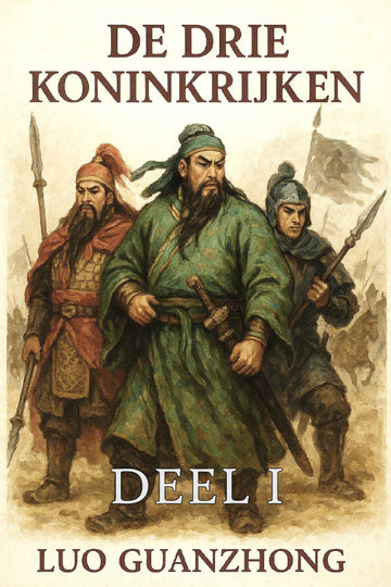 Book cover of 'De Drie Koninkrijken' with illustrations of three characters in historical attire.