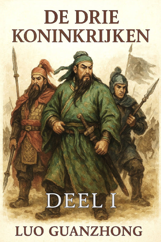Book cover of 'De Drie Koninkrijken' with illustrations of three characters in historical attire.