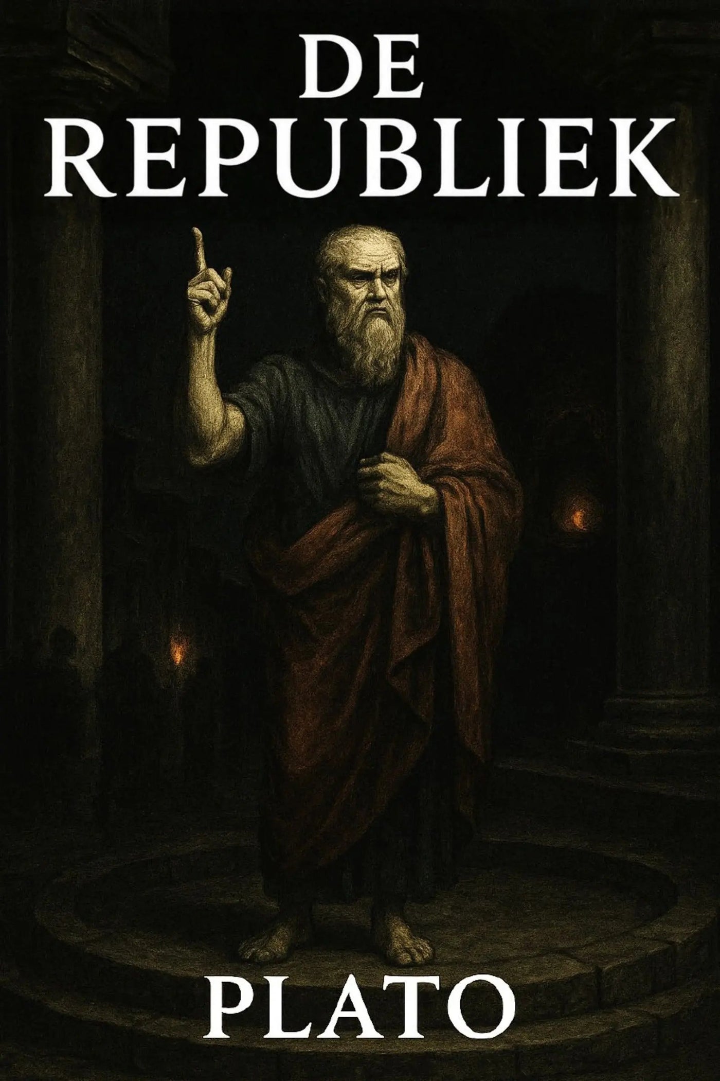 Book cover for 'De Republiek' by Plato, featuring a dark classical painting of Plato in a robe gesturing with his index finger, with the title and author name in white text.