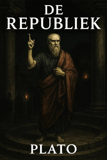 Book cover for 'De Republiek' by Plato, featuring a dark classical painting of Plato in a robe gesturing with his index finger, with the title and author name in white text.