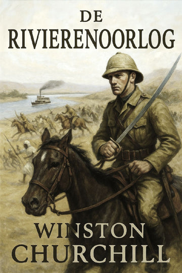 Book cover of 'De Rivierenoorlog' by Winston Churchill featuring a soldier on horseback.