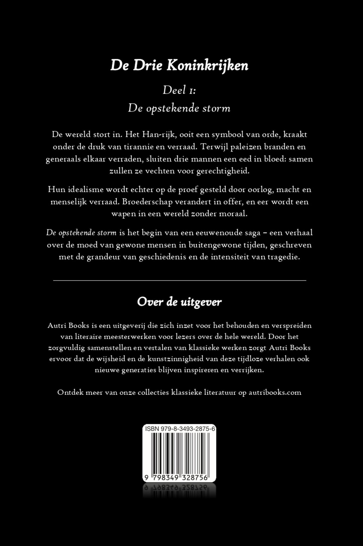 Back cover of a book titled 'De Drie Koninkrijken' with text in Dutch.