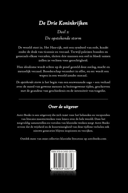 Back cover of a book titled 'De Drie Koninkrijken' with text in Dutch.