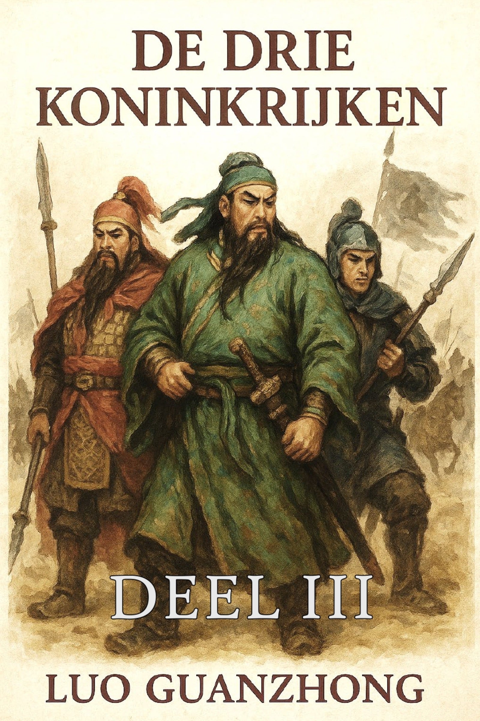 Book cover of 'De Drie Koninkrijken' with illustrations of three characters in historical attire.