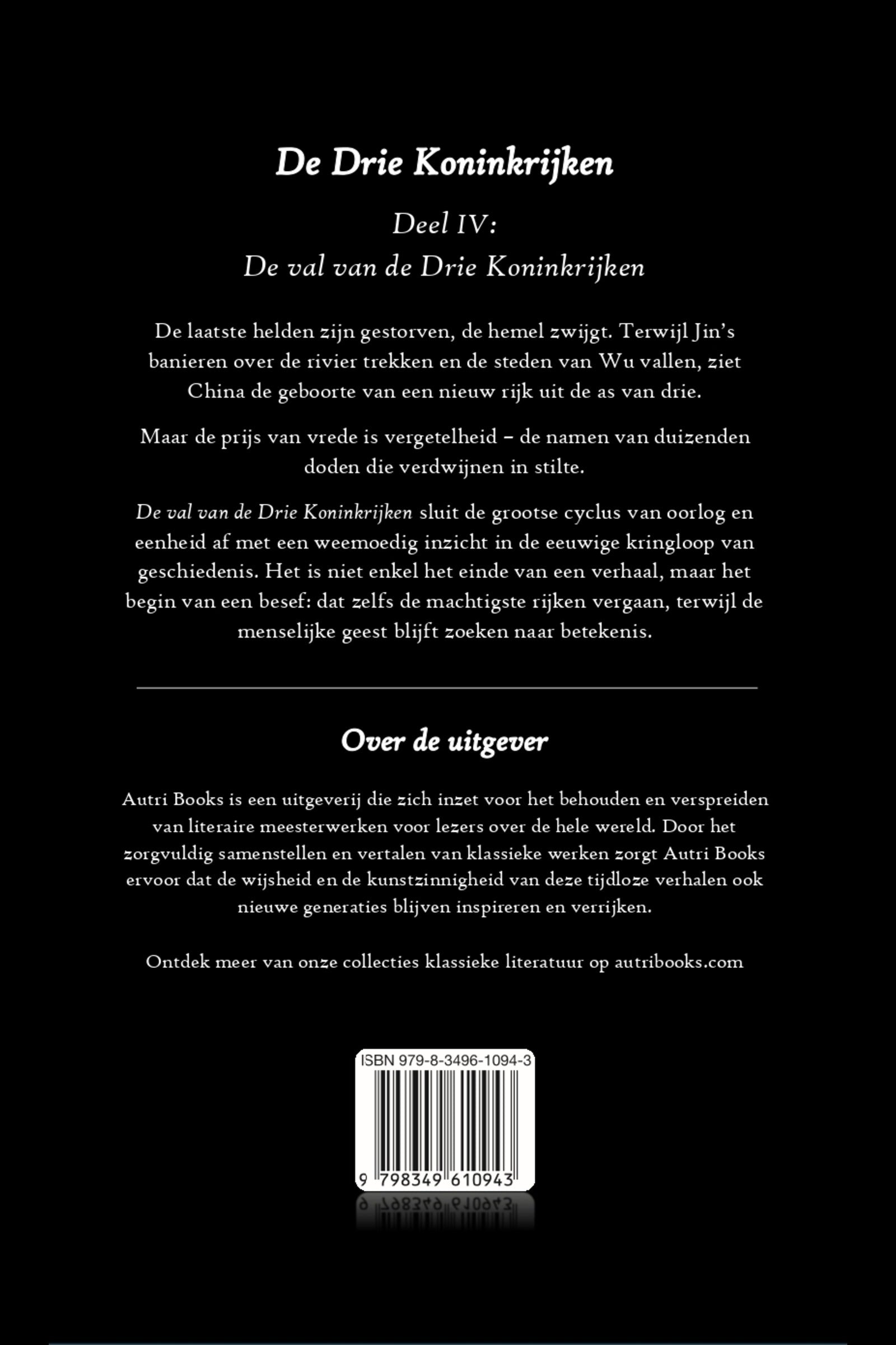 Back cover of a book titled 'De Drie Koninkrijken' with text and a barcode.