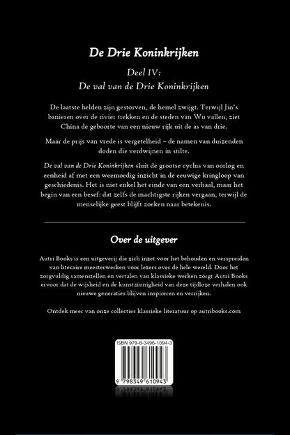 Back cover of a book titled 'De Drie Koninkrijken' with text and a barcode.