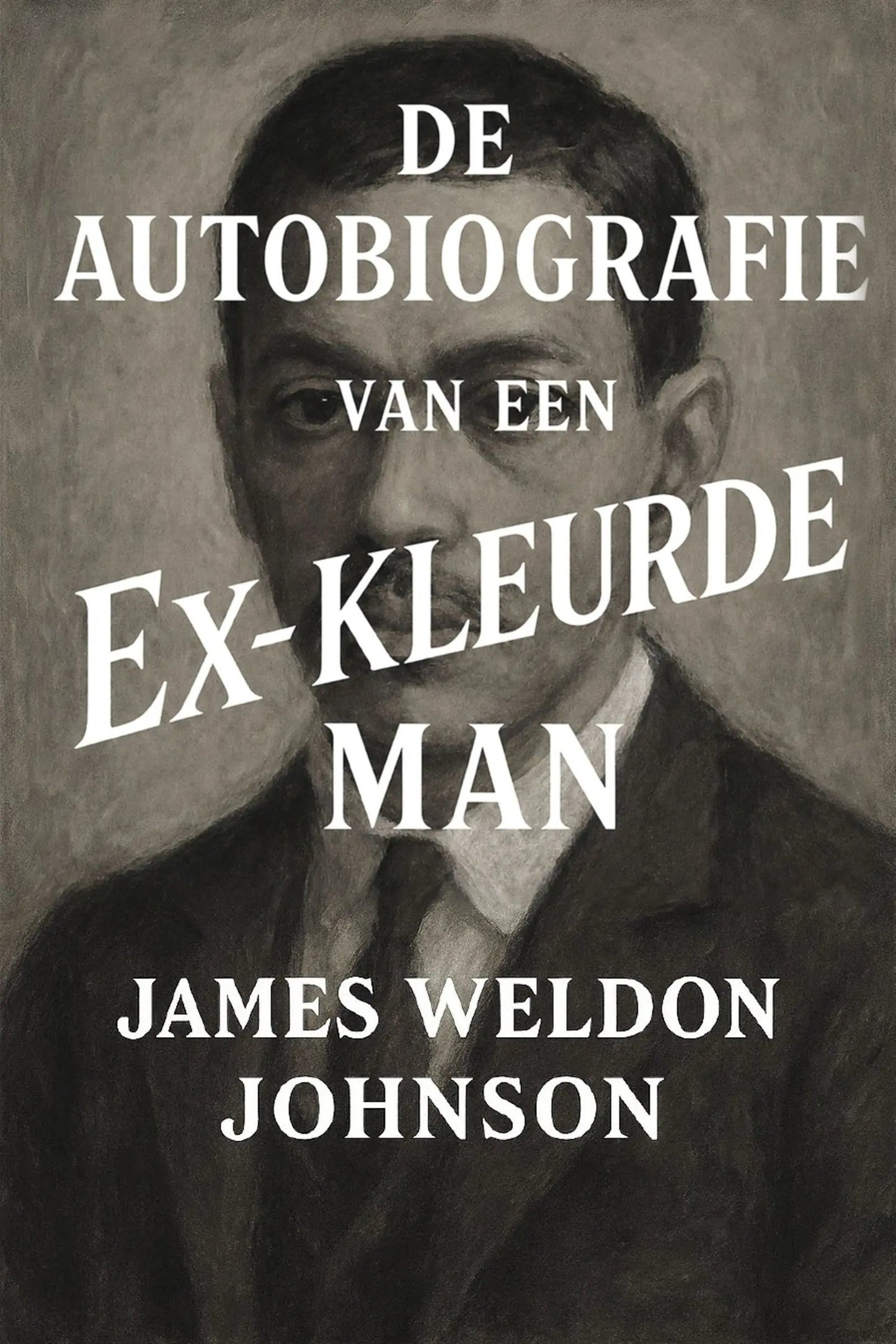 Book cover for 'De autobiografie van een ex-kleurde man' by James Weldon Johnson, featuring a sepia-toned portrait of a man with large white title text overlaid across the center.