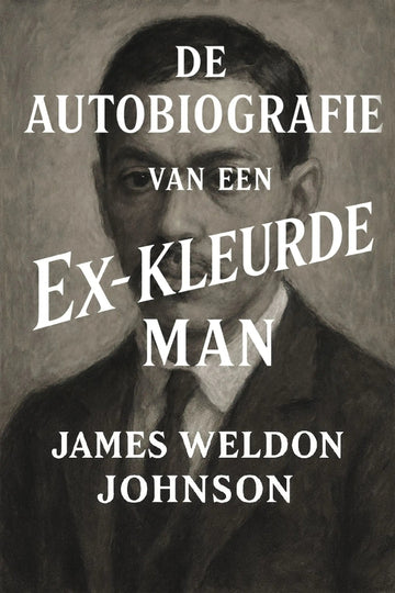 Book cover for 'De autobiografie van een ex-kleurde man' by James Weldon Johnson, featuring a sepia-toned portrait of a man with large white title text overlaid across the center.