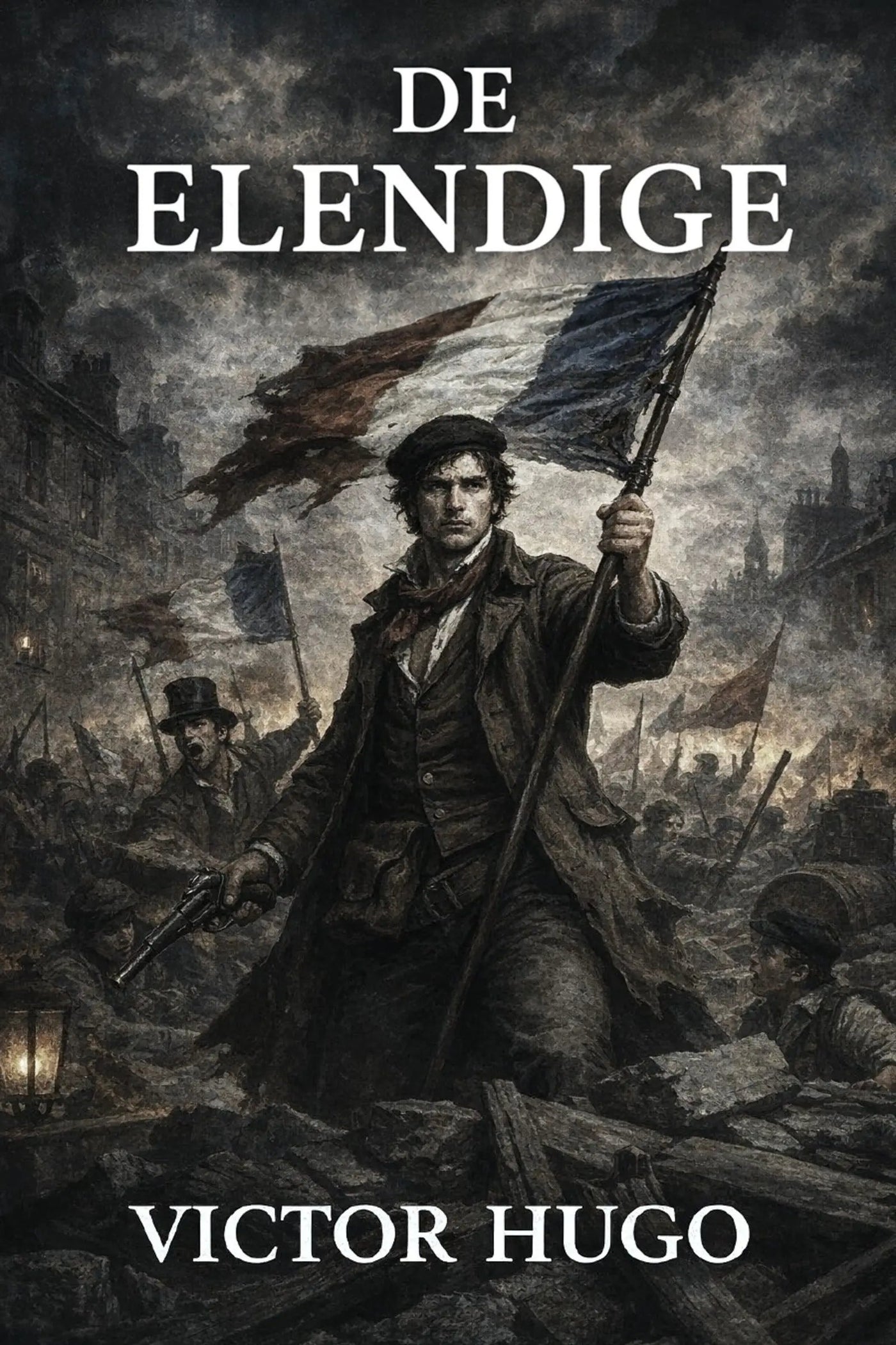 Book cover of 'De elendige' by Victor Hugo featuring a person holding flags in a tumultuous scene.