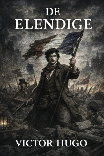 Book cover of 'De elendige' by Victor Hugo featuring a person holding flags in a tumultuous scene.