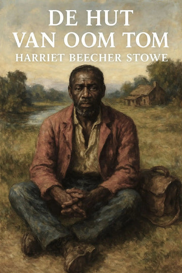 Book cover for 'De hut van oom Tom' by Harriet Beecher Stowe, featuring a painted seated man in a rust-colored jacket and blue pants in an outdoor rural setting, with the title and author name in large white text at the top.