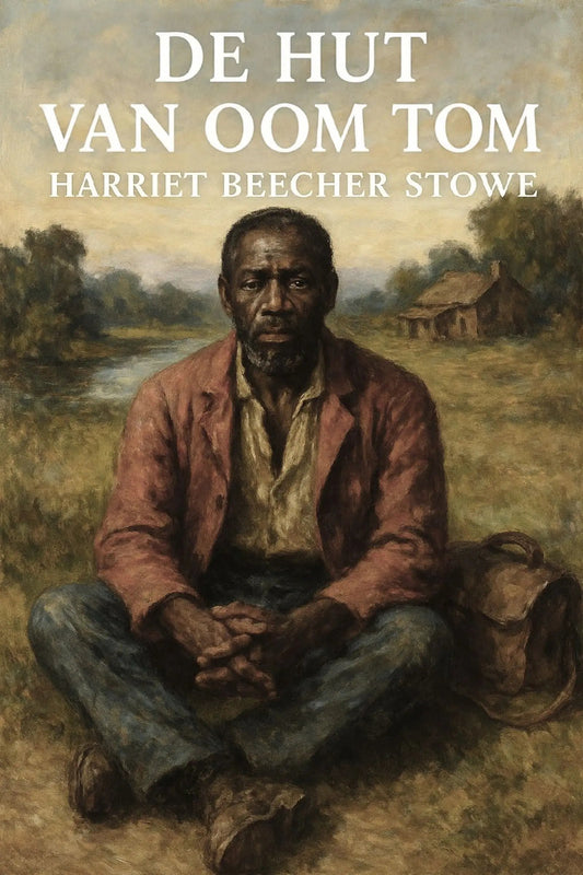 Book cover for 'De hut van oom Tom' by Harriet Beecher Stowe, featuring a painted seated man in a rust-colored jacket and blue pants in an outdoor rural setting, with the title and author name in large white text at the top.