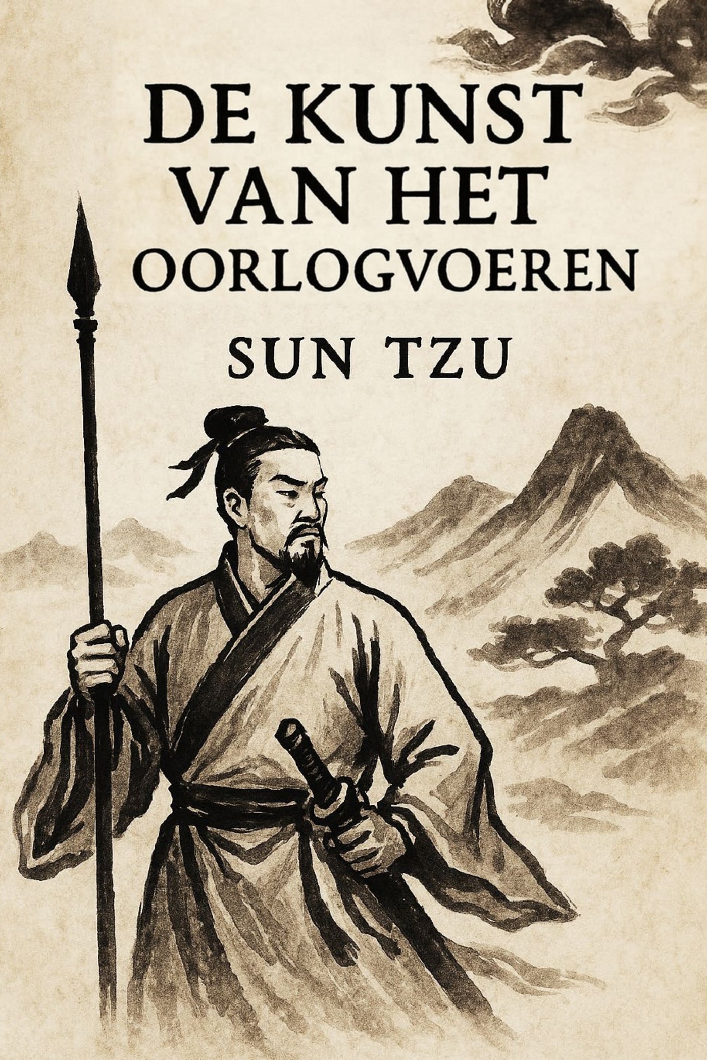 Book cover of 'De kunst van het oorlogvoeren' by Sun Tzu with a warrior illustration and mountain landscape.