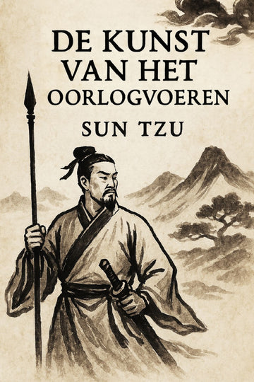 Book cover of 'De kunst van het oorlogvoeren' by Sun Tzu with a warrior illustration and mountain landscape.