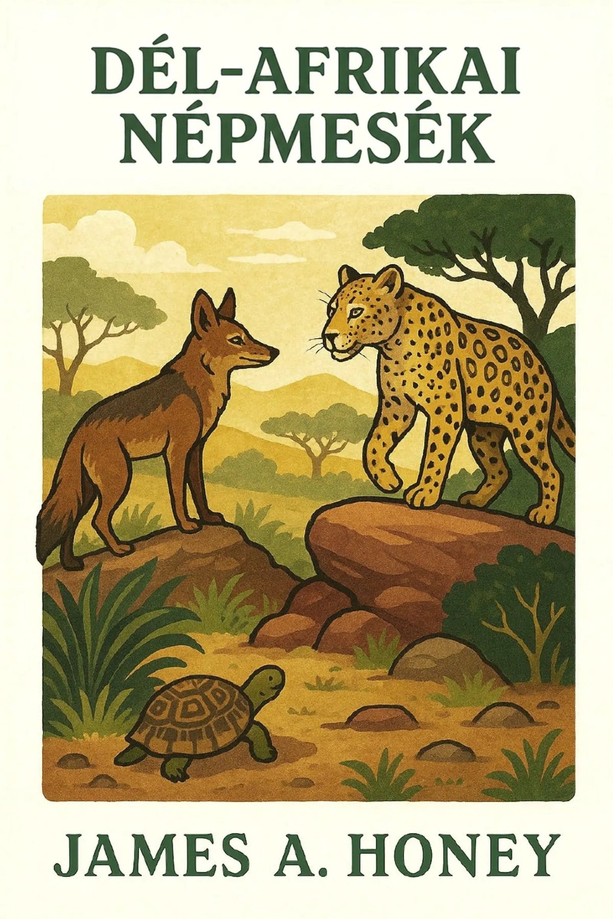 Book cover for 'Dél-afrikai népmesék' by James A. Honey, featuring a vintage-style illustration of a fox, cheetah, turtle, and acacia trees on a warm cream background.