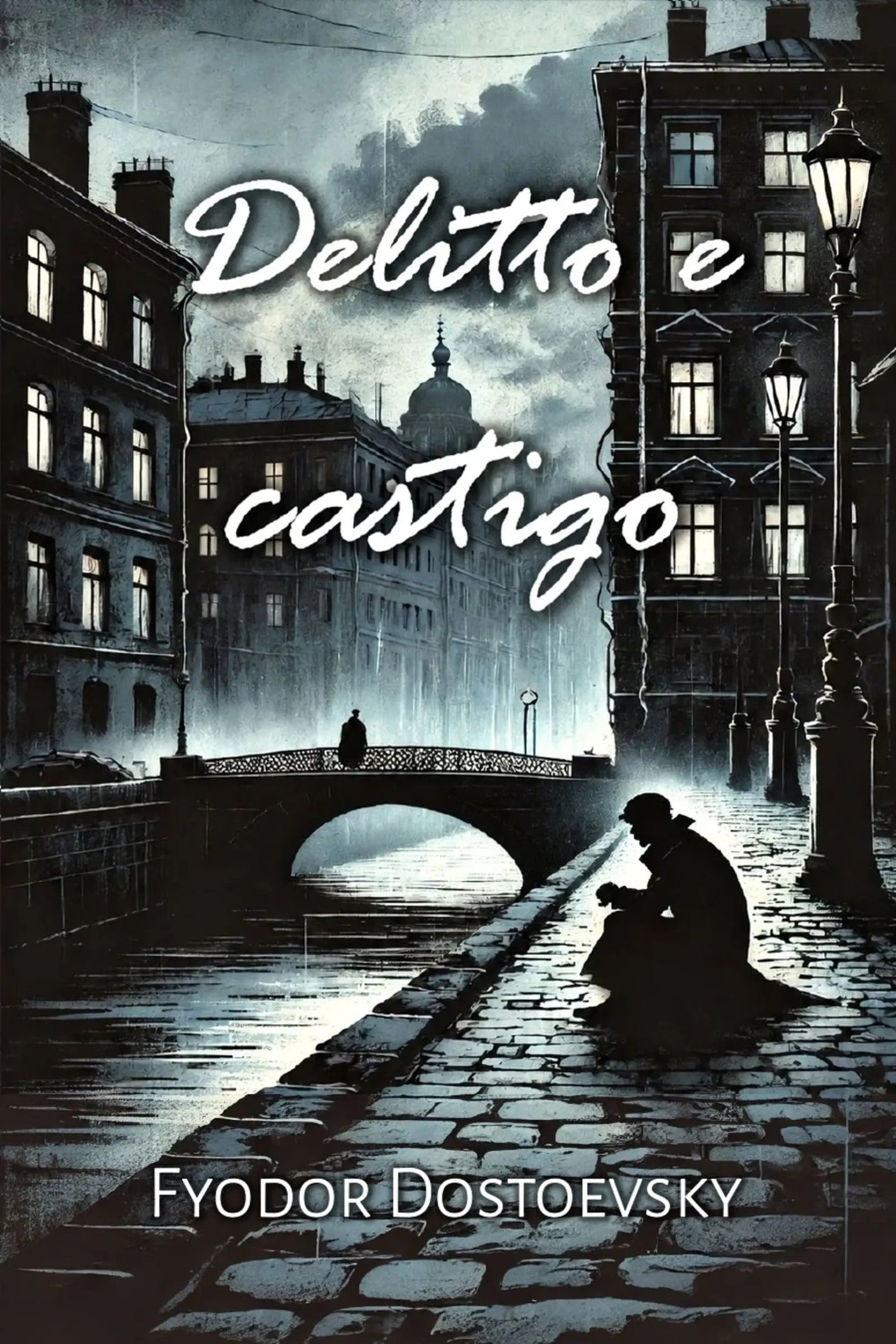 Book cover for 'Delitto e castigo' by Fyodor Dostoevsky, featuring a moody, dark illustration of a European street with buildings, a bridge, and a seated figure in silhouette under a cloudy sky.