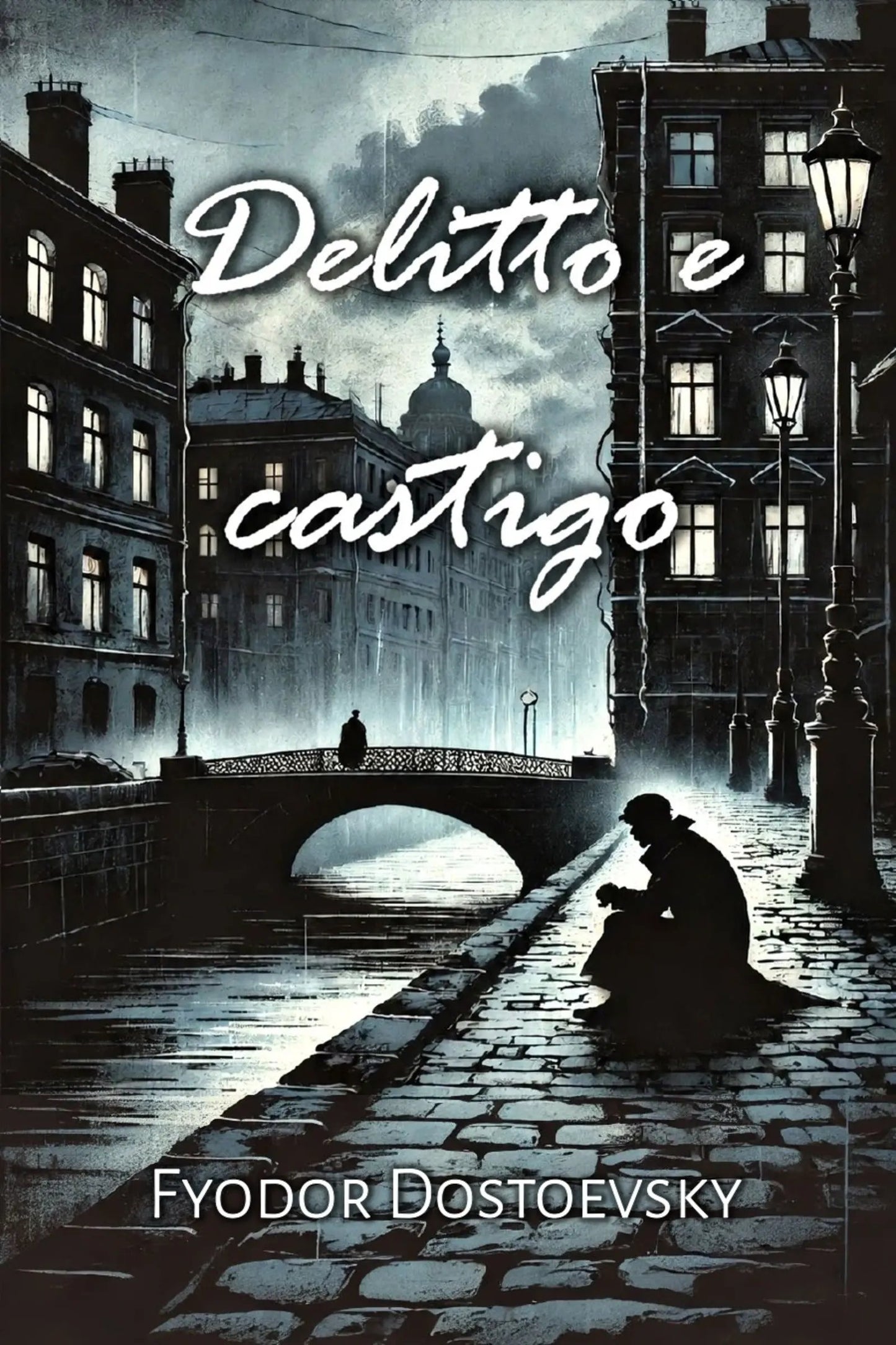 Book cover for 'Delitto e castigo' by Fyodor Dostoevsky, featuring a moody, dark illustration of a European street with buildings, a bridge, and a seated figure in silhouette under a cloudy sky.