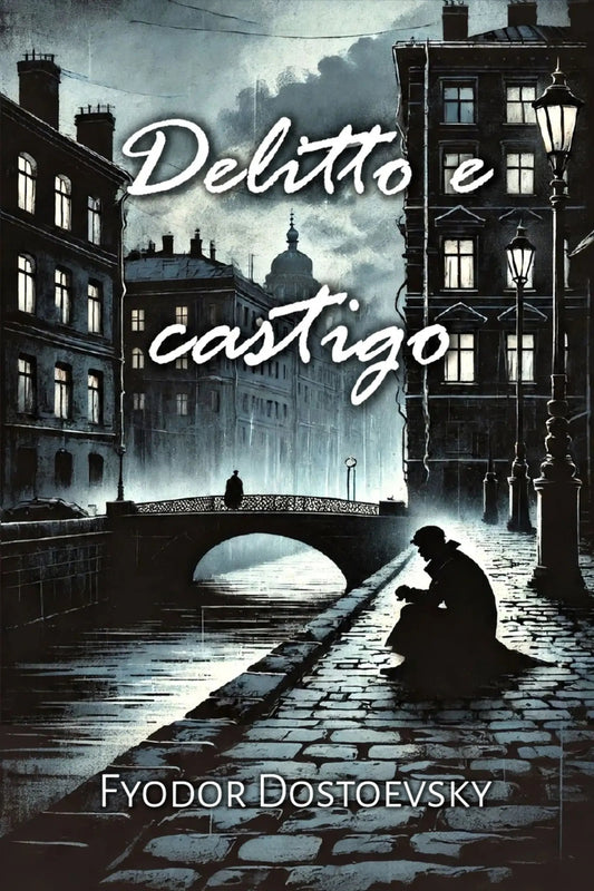 Book cover for 'Delitto e castigo' by Fyodor Dostoevsky, featuring a moody, dark illustration of a European street with buildings, a bridge, and a seated figure in silhouette under a cloudy sky.