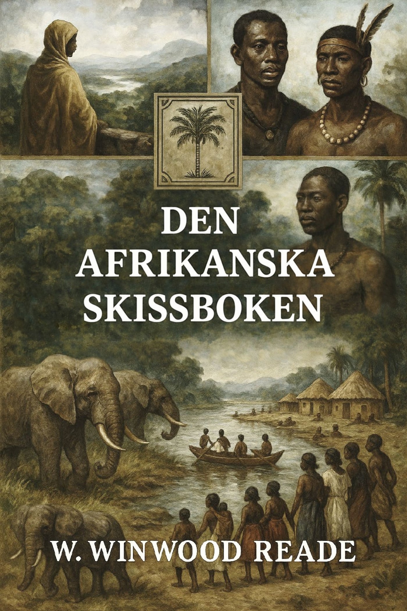 Book cover of 'Den afrikanska skissboken' with illustrations of people, an elephant, and a landscape.