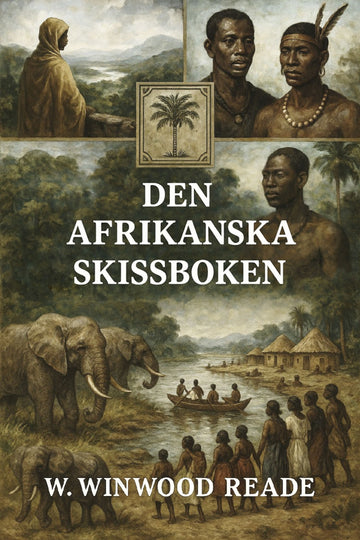 Book cover of 'Den afrikanska skissboken' with illustrations of people, an elephant, and a landscape.