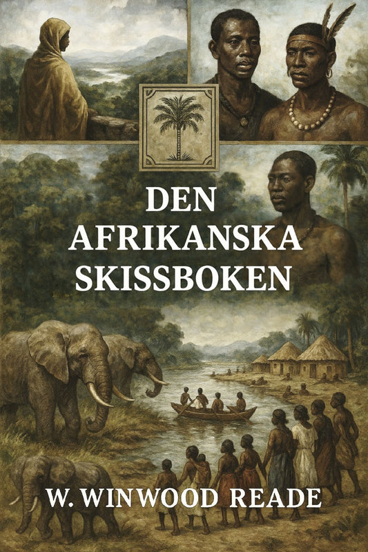 Book cover of 'Den afrikanska skissboken' with illustrations of people, an elephant, and a landscape.