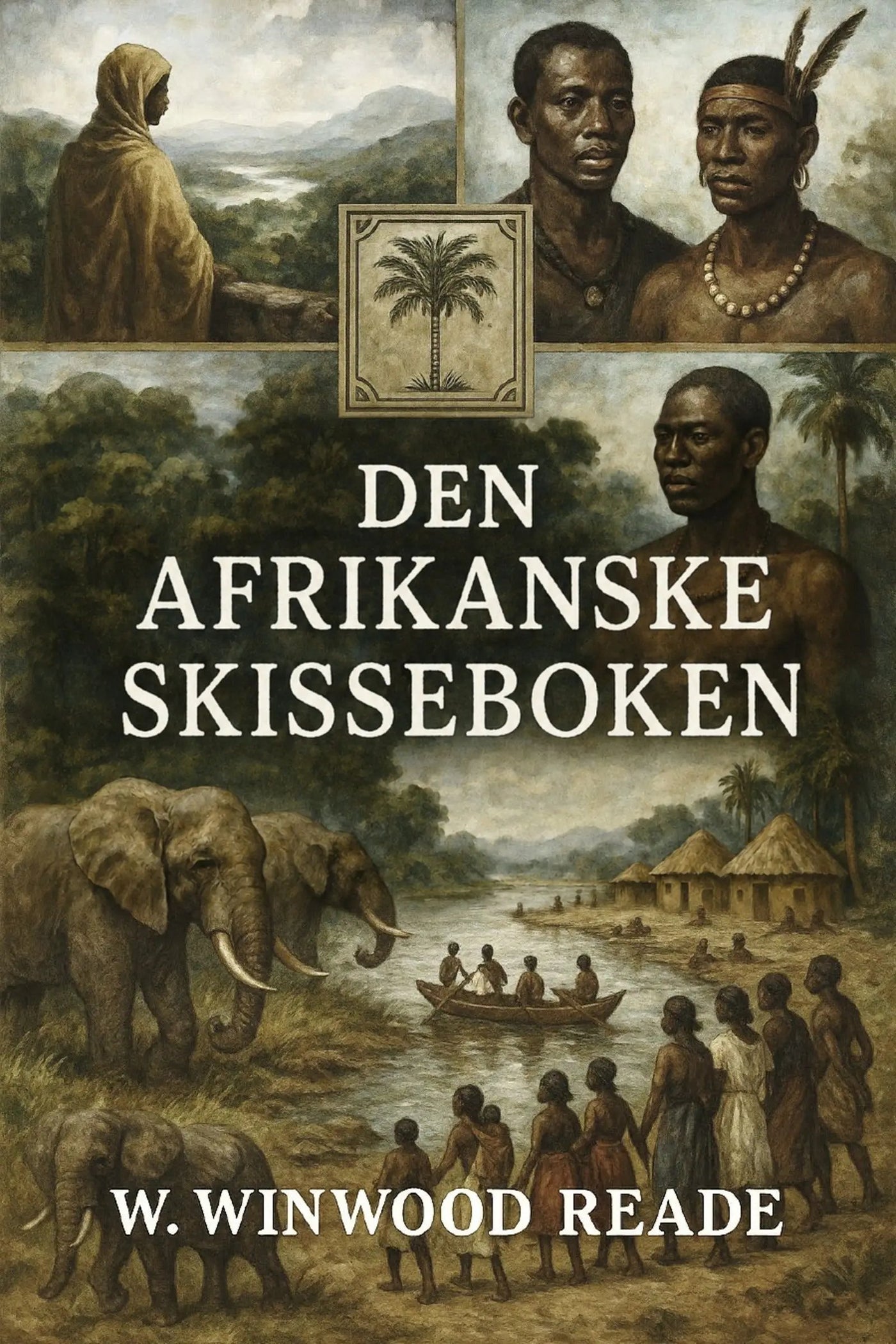 Book cover of 'Den afrikanske skisseboken' with images of people, an elephant, and a landscape.