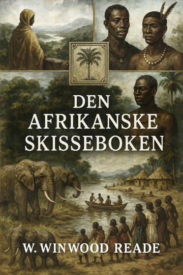 Book cover of 'Den afrikanske skisseboken' with images of people, an elephant, and a landscape.