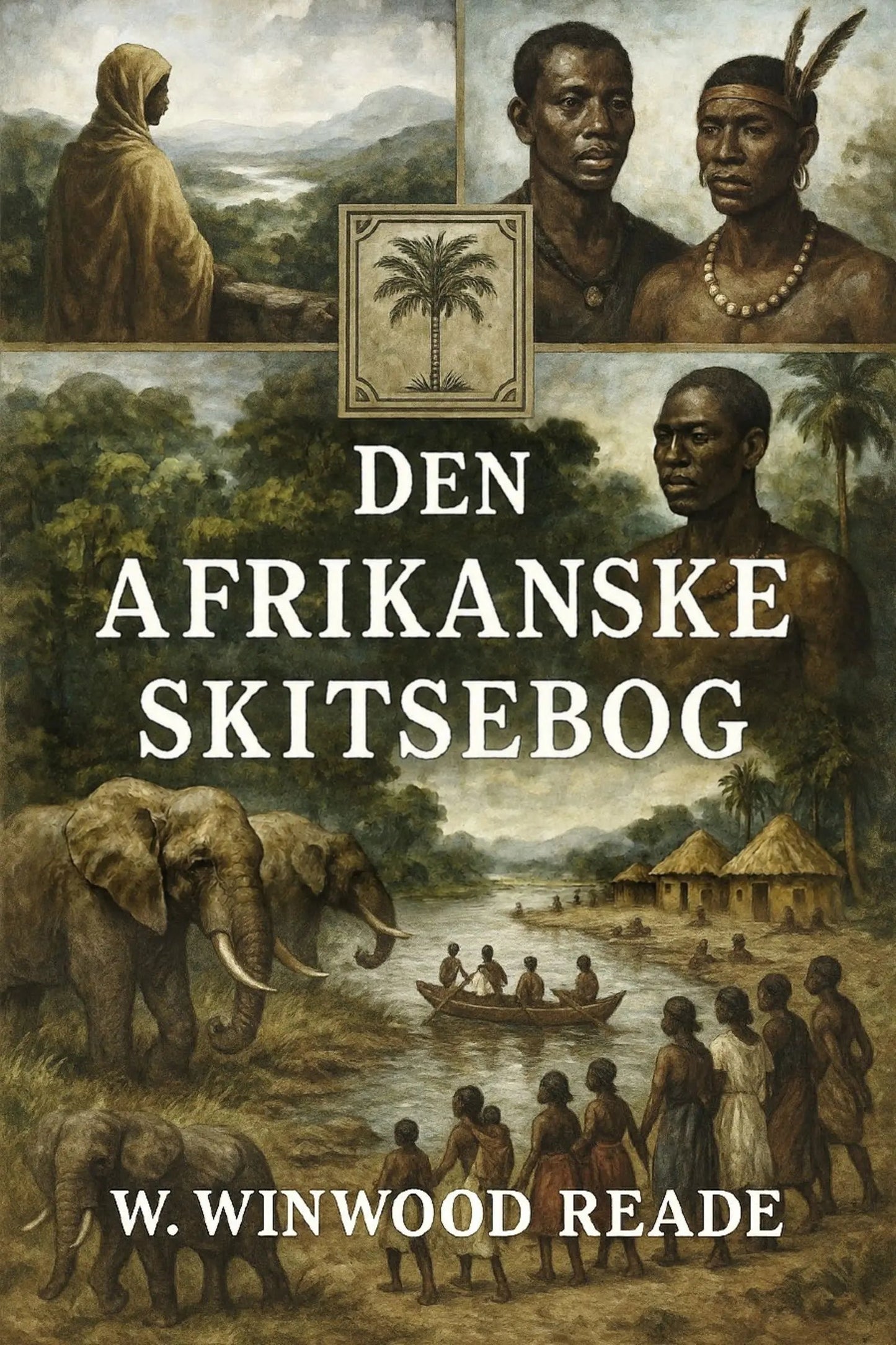 Book cover for 'Den afrikanske skitsebog' by W. Winwood Reade, featuring a collage of historical African scenes including elephants, people, a boat on water, and portraits, with large white title text in the center.
