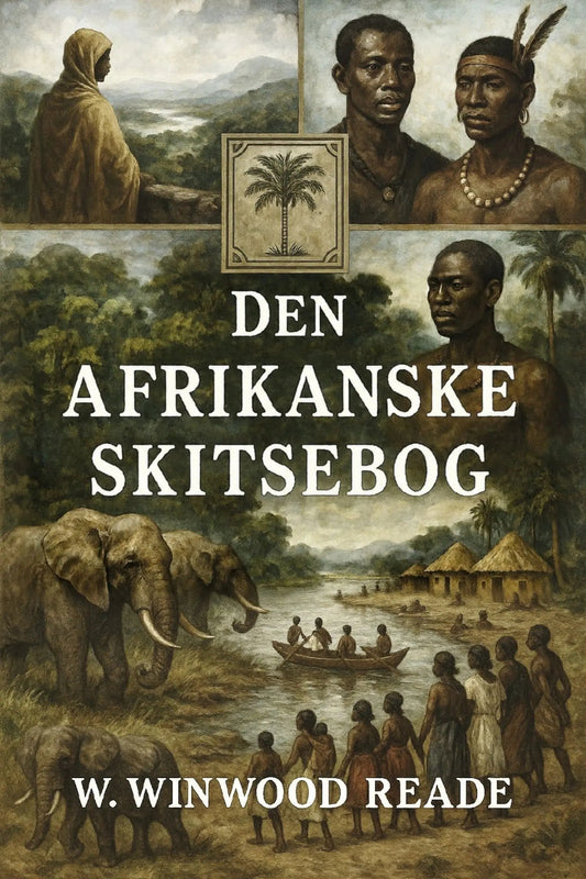 Book cover for 'Den afrikanske skitsebog' by W. Winwood Reade, featuring a collage of historical African scenes including elephants, people, a boat on water, and portraits, with large white title text in the center.