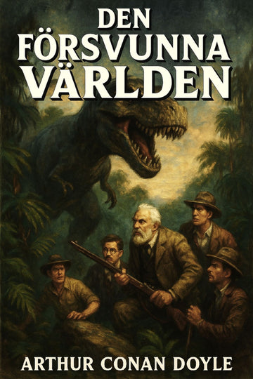 Book cover of 'Den försvunna världen' with dinosaurs and explorers in a jungle setting.